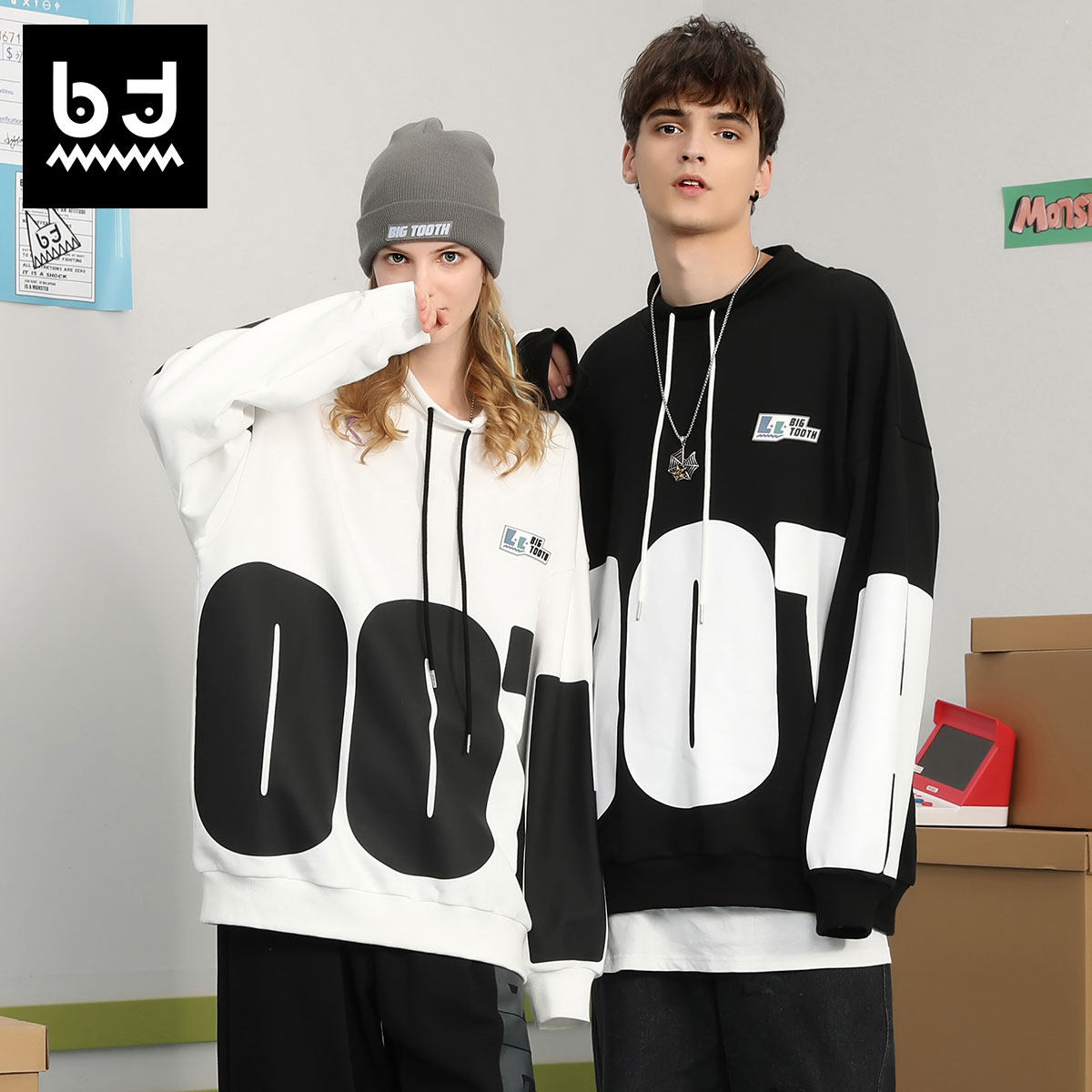 bt潮牌情侣衣服春秋新款大字母logo印花抽绳国潮保暖学生白色卫衣