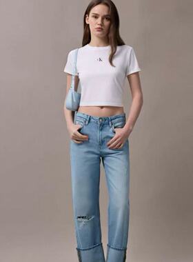 CK Jeans25早秋女士复古纯棉宽松卷口破洞九分牛仔裤47C734G