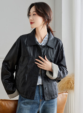 thankque复古设计感宽松夹克格子袖口翻领外套57102