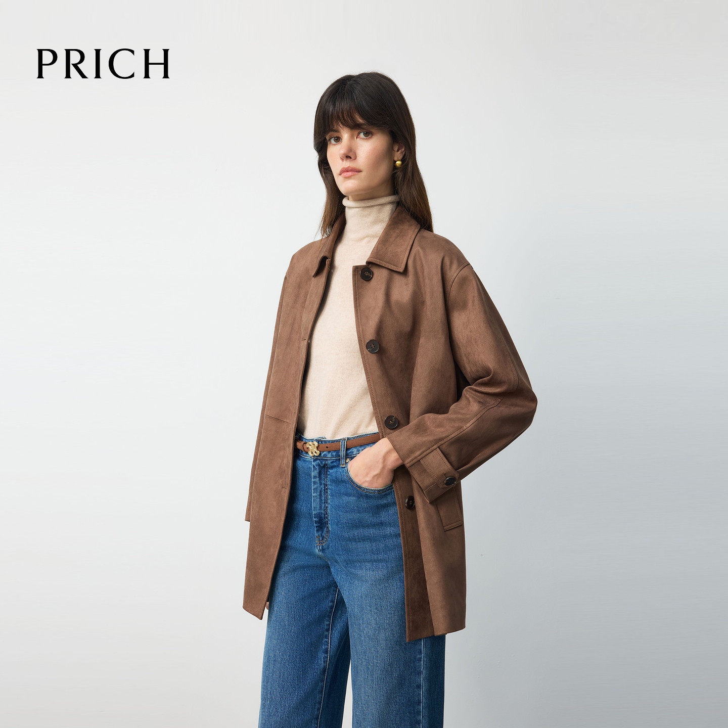PRICH时尚复古深棕色仿麂皮外套2025秋新款宽松廓形中长款夹克女