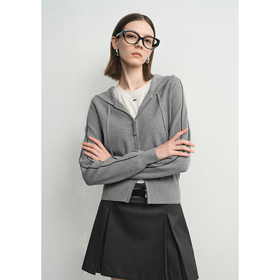 迪赛尼斯 通勤休闲宽松开衫简约长袖连帽 针织衫女