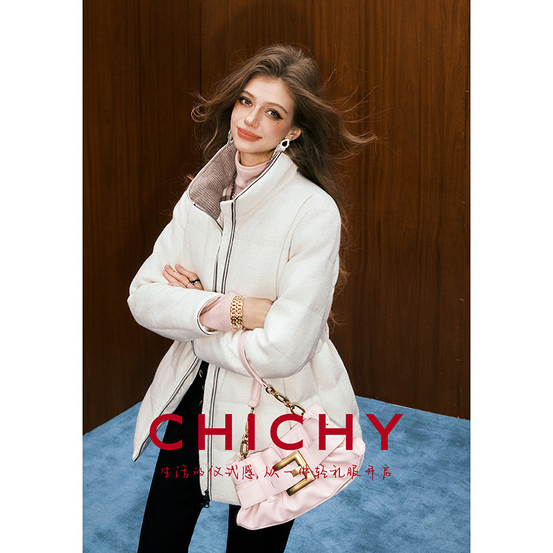 【90%鹅绒】CHICHY白色中长款轻薄收腰羽绒服CW3C008254
