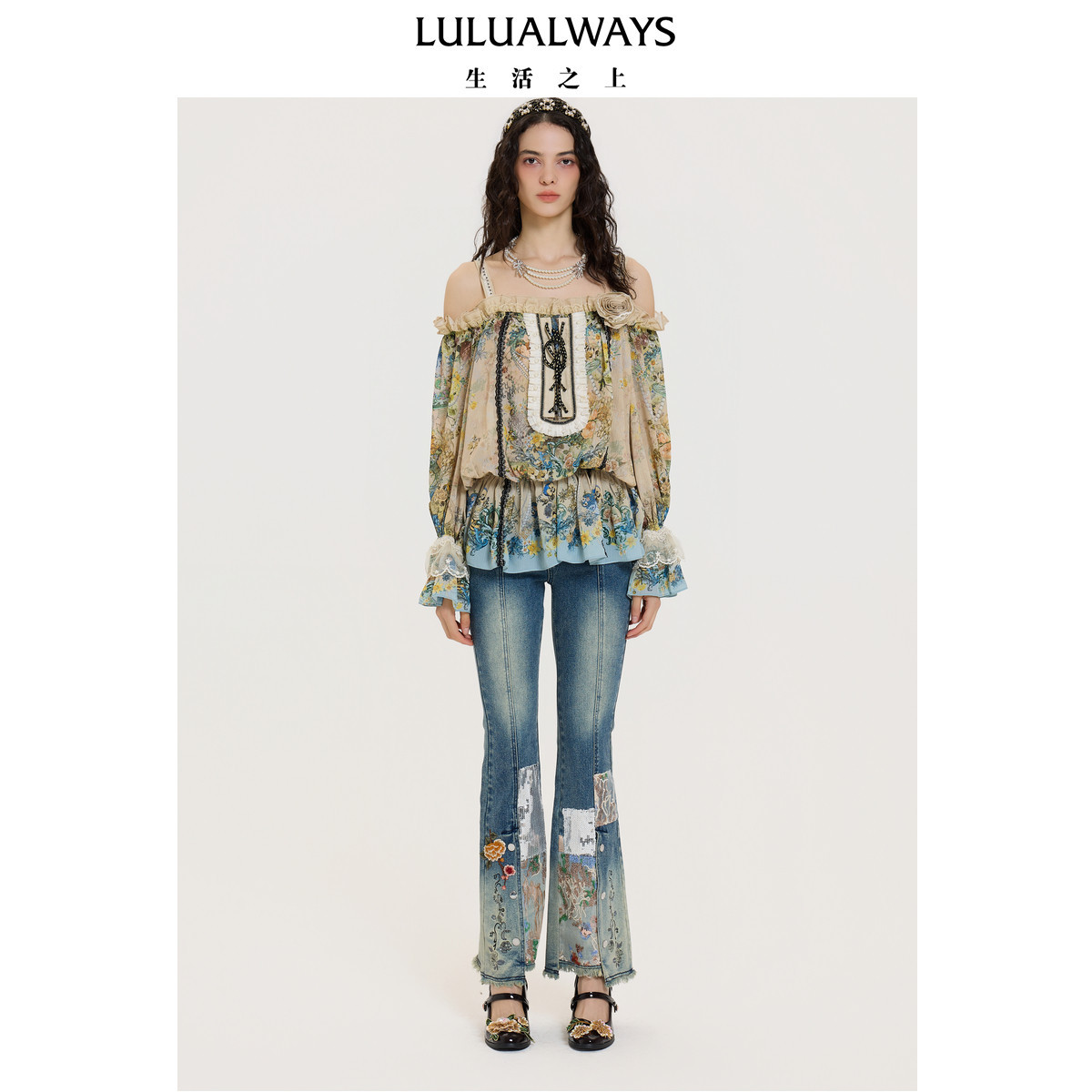 LULUALWAYS【商场同款】浪漫宽松露肩宽松上衣雪纺衬衫