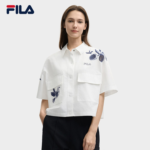 FILA 斐乐女子梭织上衣夏时尚休闲刺绣宽松短袖衬衫F11W528708F