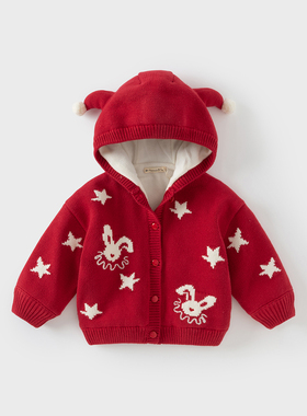 戴维贝拉儿童外套2024冬装新款女童圣诞红色加绒连帽衫DB4243310