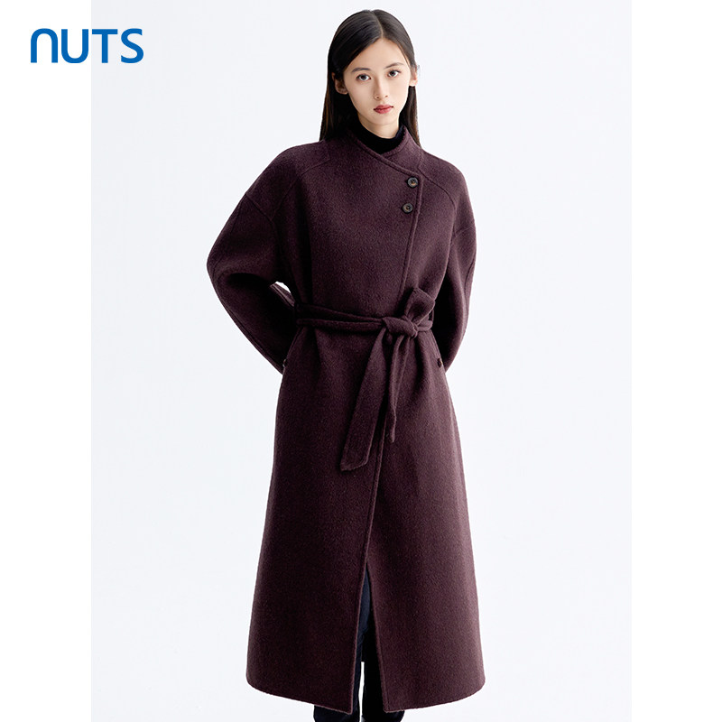 NUTS那时商场同款时尚冬纯色腰带长袖手工呢料长外套女5481501A1