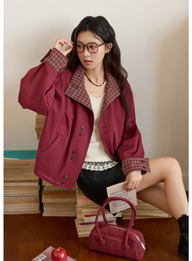谜秀两面穿红色外套女2025秋格纹立领短款夹克复古外搭MXE45W0828