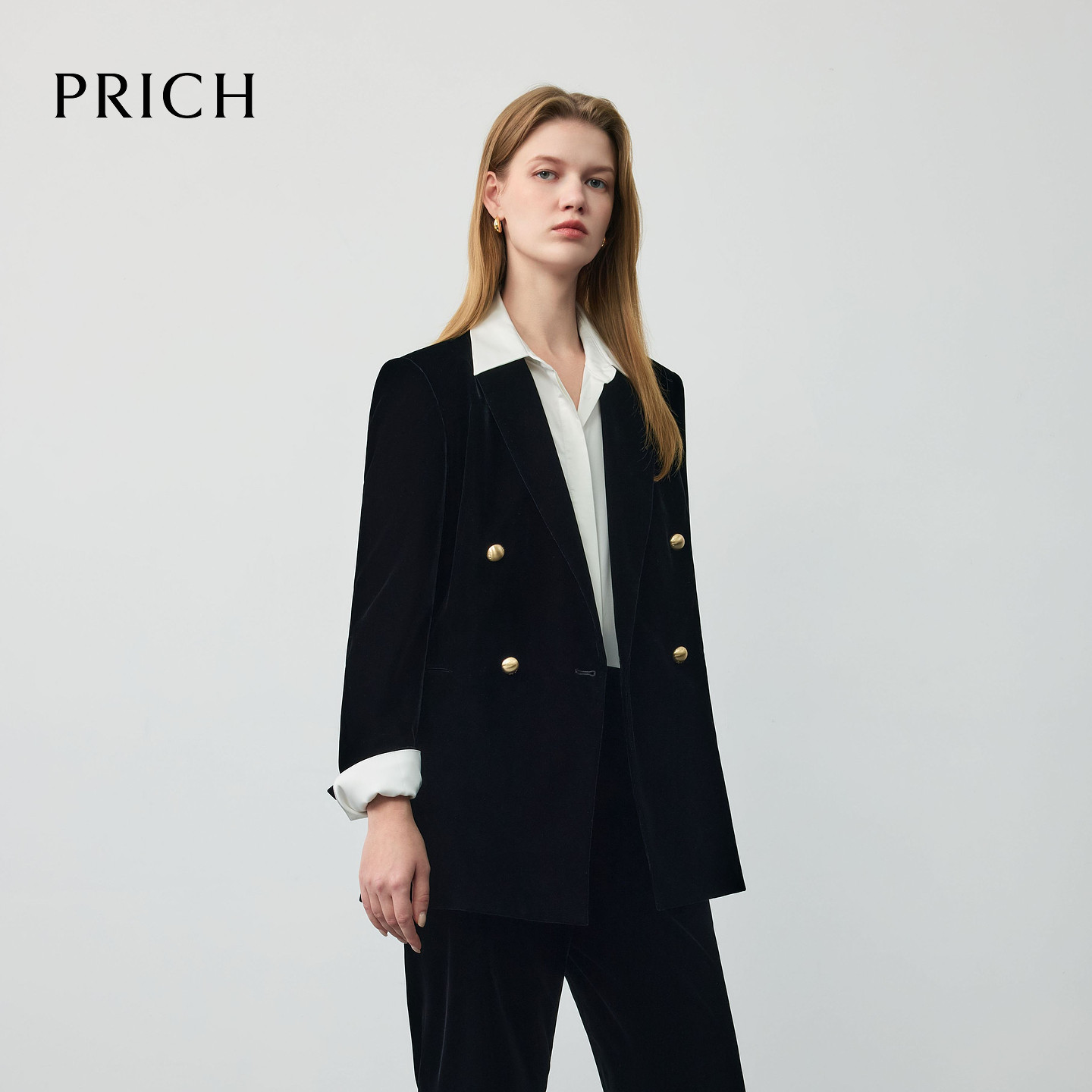 PRICH时尚丝绒天鹅绒复古双排扣收腰西装2026春季通勤外套女