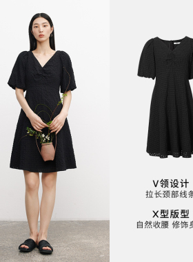MM麦檬商场同款23春夏新款棉质黑色裙子泡泡袖连衣裙女5E4190671