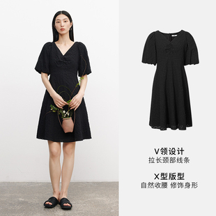 MM麦檬商场同款23春夏新款棉质黑色裙子泡泡袖连衣裙女5E4190671