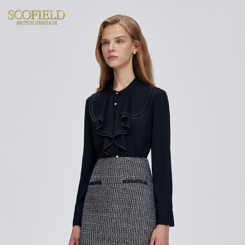 Scofield女装荷叶边领轻薄优雅衬衫气质长袖上衣2024秋季