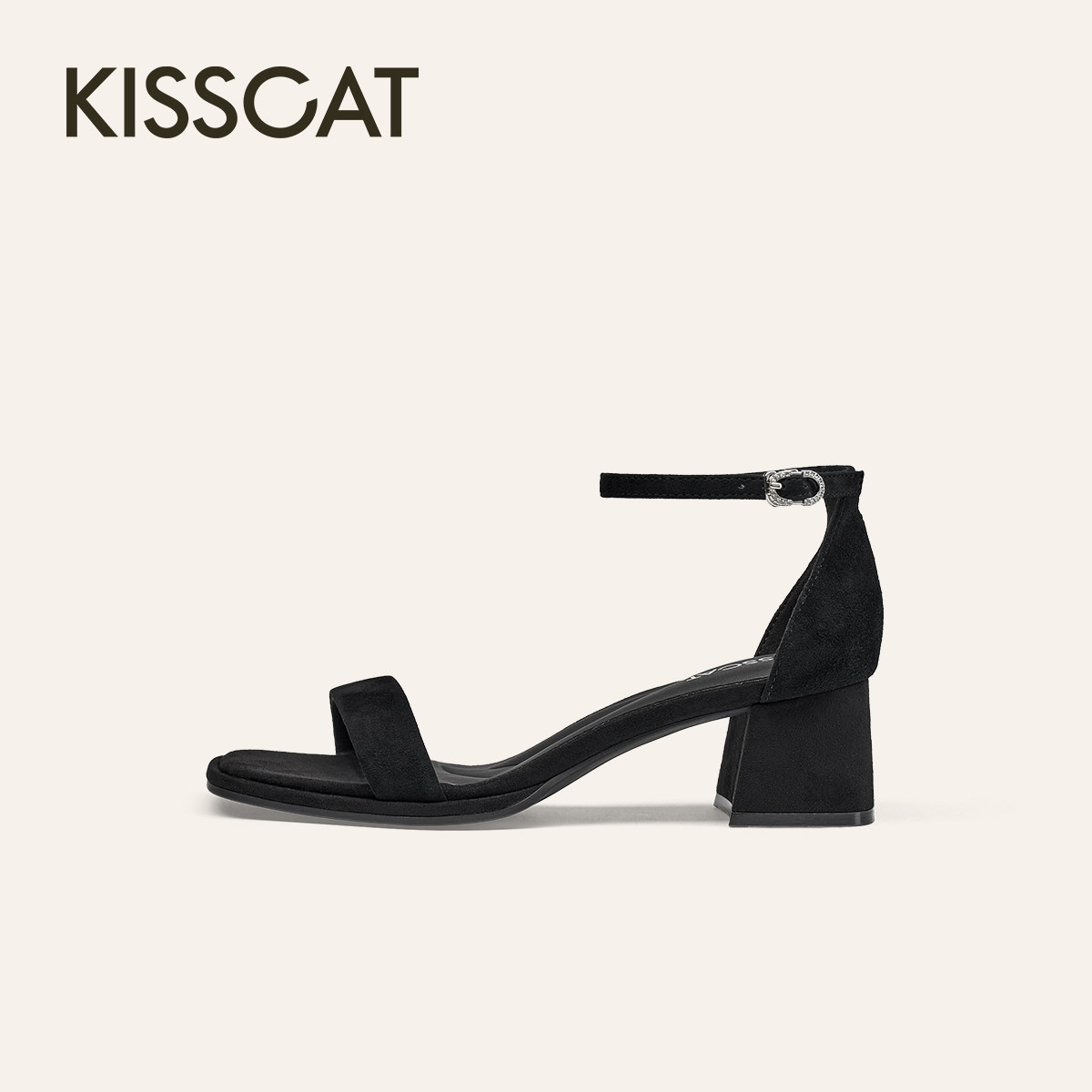 KISSCAT接吻猫2025年夏季方头粗跟凉鞋黑色一字带凉鞋KA65380-10