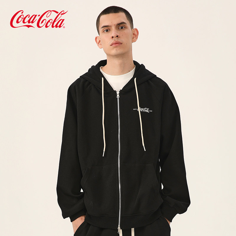 Coca-Cola/可口可乐 简约纯色字母印花连帽开衫卫衣外套 男女同款