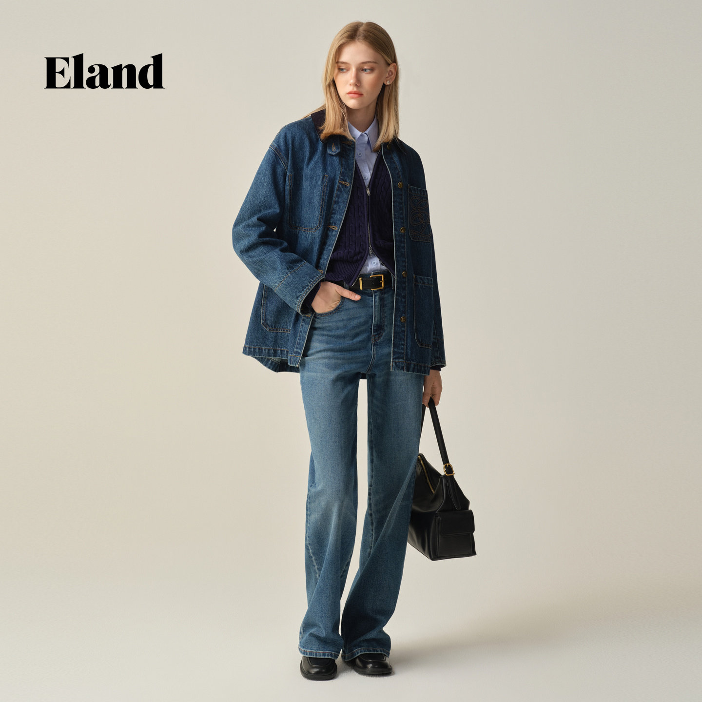 Eland短外套女休闲宽松单排扣牛仔外套2025秋季
