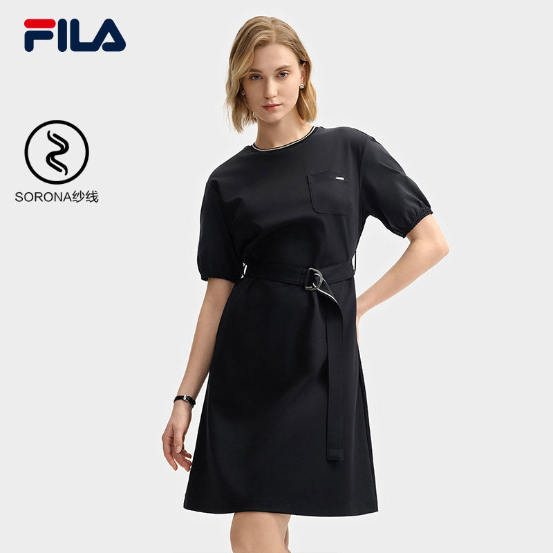 FILA 斐乐女子针织连衣裙2025夏时尚休闲收腰优雅裙装F11W523302F