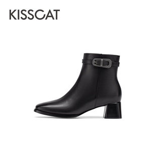 KISSCAT接吻猫2024冬季简约高级短靴粗跟老钱风时装女靴
