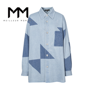 MM麦檬男装几何牛仔衬衫宽松时尚设计舒适休闲衬衣