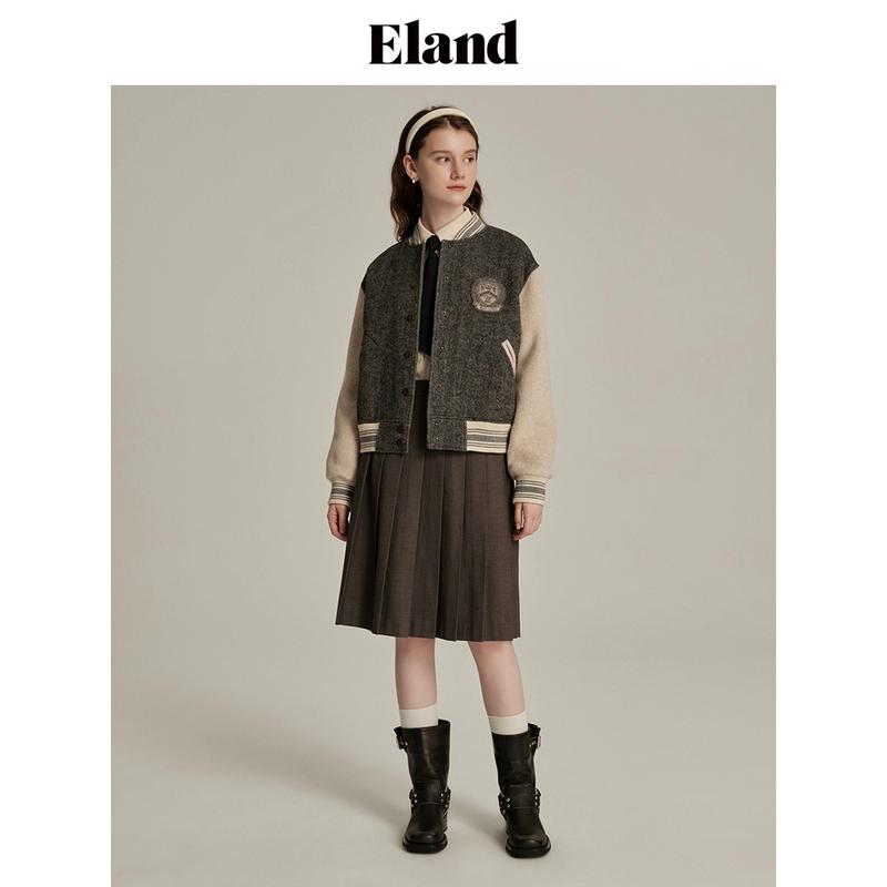 Eland毛呢外套女复古人字纹高级感挺阔棒球服EEJWD4TY12