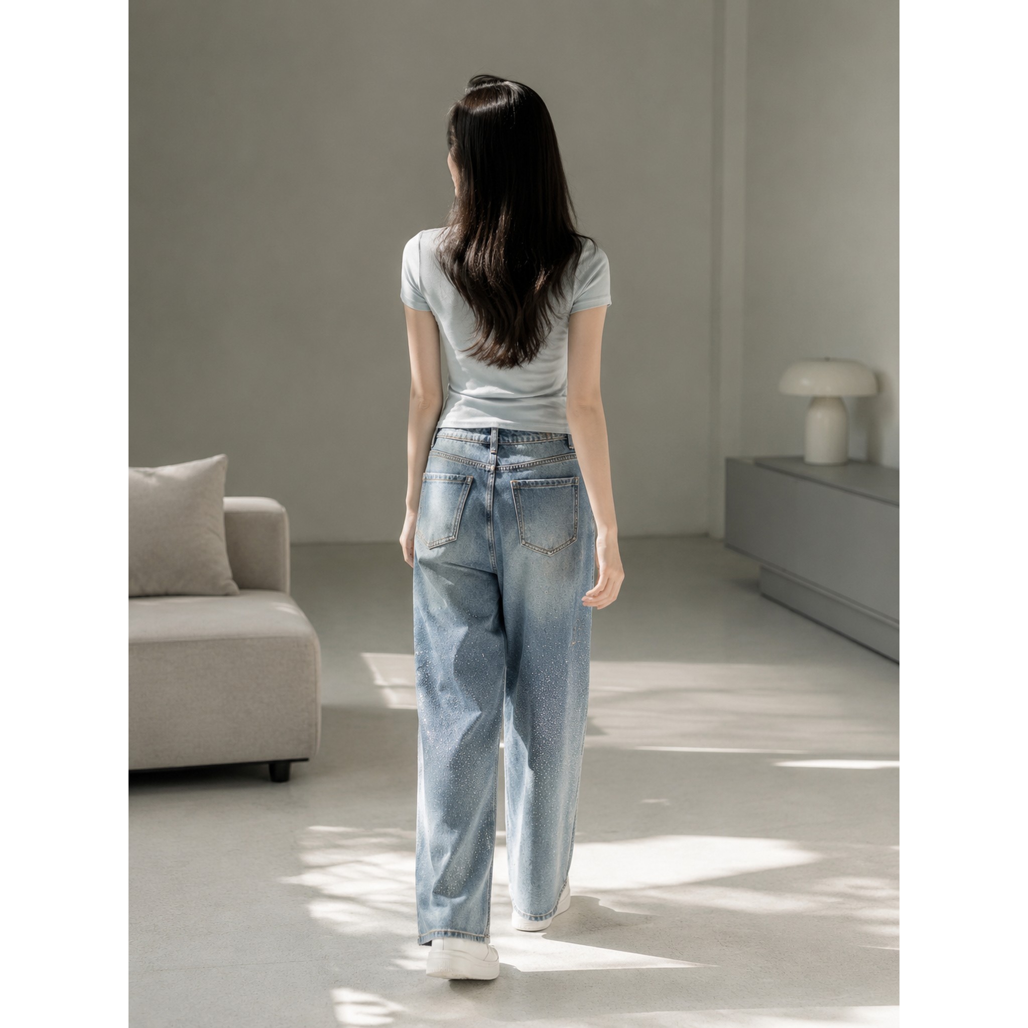 红袖浅蓝烫钻阔腿牛仔裤女款89126291303H