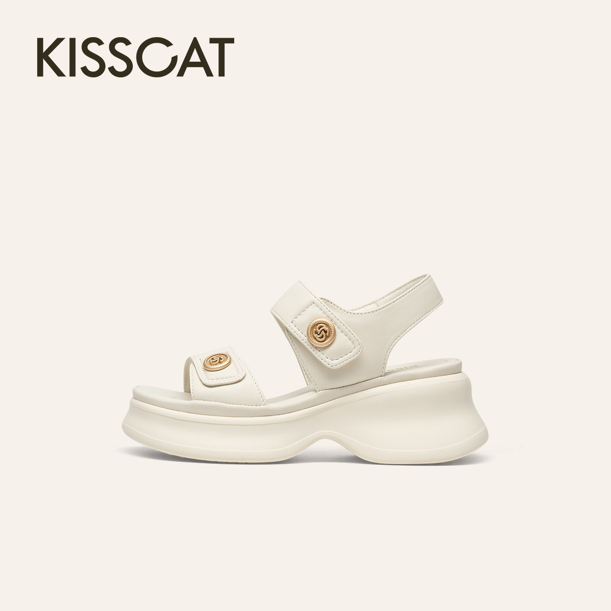 KISSCAT接吻猫[钱币]厚底沙滩凉拖25夏新魔术贴凉鞋女KA65387-50