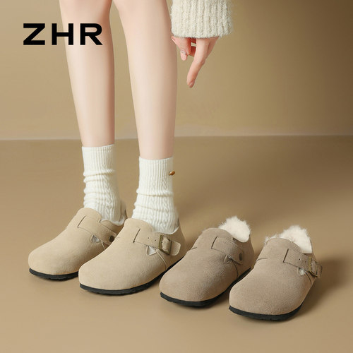 ZHR则则【反绒牛皮】勃肯鞋女一脚蹬懒人鞋女加绒复古单鞋女JQ07B
