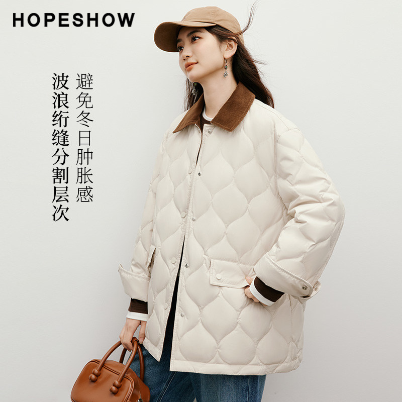 红袖复古羽绒服2025冬款女装90白鸭绒巴恩风灯芯绒撞色外套