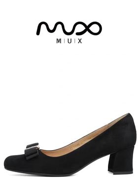 MUX迈思2024秋季优雅时髦蝴蝶结单鞋方头反绒羊皮女鞋82115