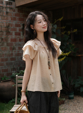 谜秀韩系木耳边格子衬衫女韩版夏荷叶袖宽松上衣MXE37X1854