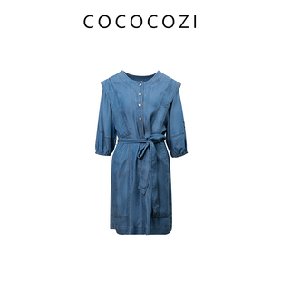 COCOCOZI夏季休闲时尚蓝色洋气圆领牛仔连衣裙242CO055L
