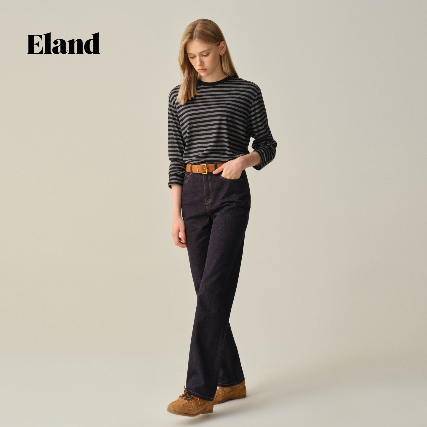 Eland牛仔裤女复古时髦直筒裤中腰长裤2025冬季EETJF49M17