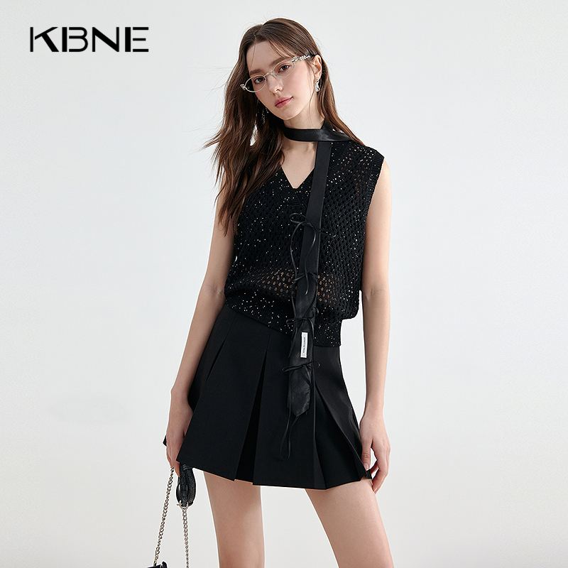 黑色针织衫气质镂空短袖上衣KBNE夏季小个子V领毛衣女装750321810