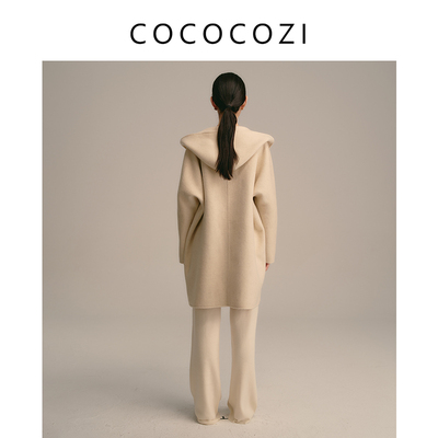 COCOCOZI2023秋冬连帽毛呢中长款女士简约大衣233CO078