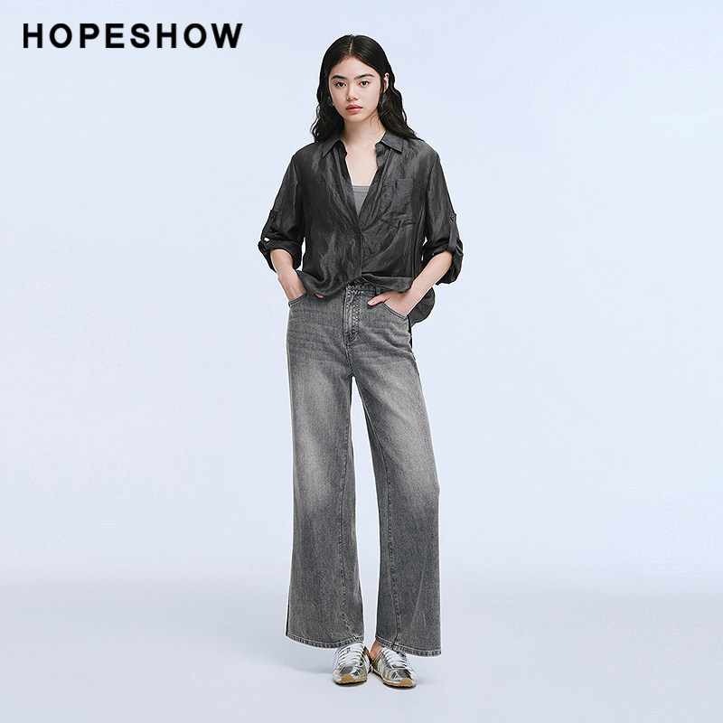 红袖商场同款HOPESHOW复古水洗磨白撞色皮标牛仔长裤89125131301图片