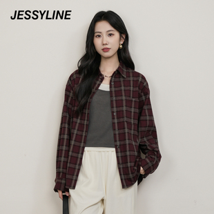 杰茜莱宽松格子长袖衬衫女2025秋新中长款气质上衣 jessyline