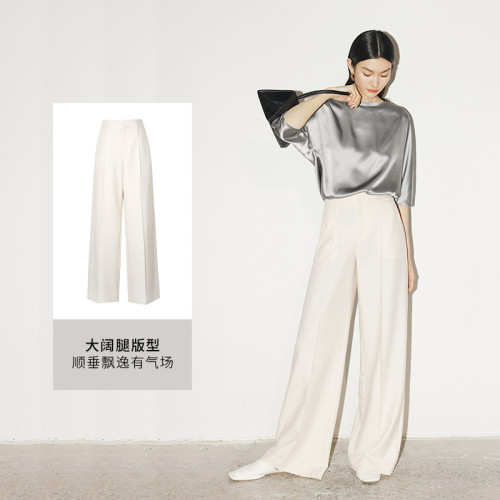 MM麦檬冰丝米白色阔腿休闲裤女5E5150851