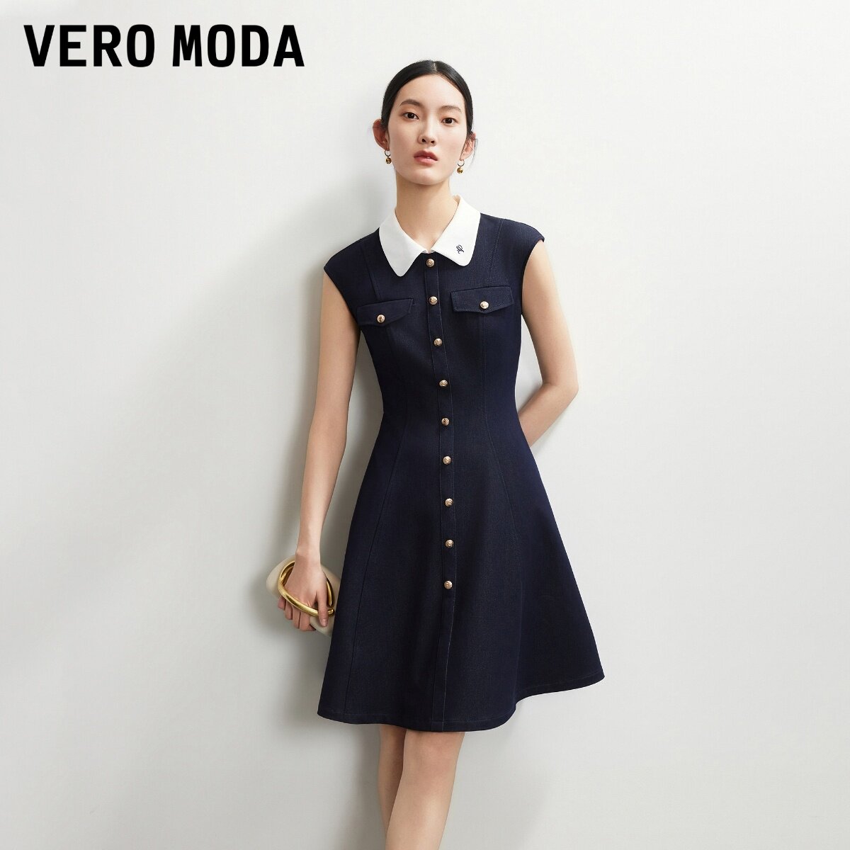Vero Moda连衣裙2026秋季新款翻领刺绣收腰A字牛仔裙326342014