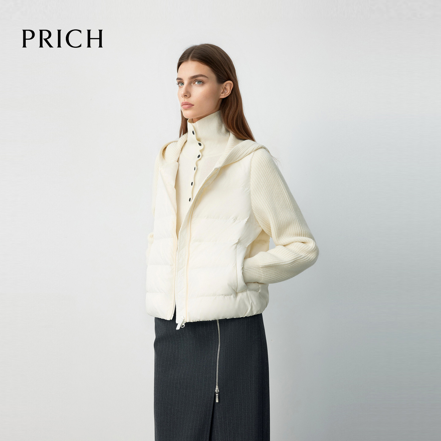 【90鹅绒+绵羊毛】PRICH时尚连帽拼接针织绗线羽绒服2025冬新款女