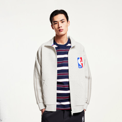 杰克琼斯男装NBA联名秋季字母提花篮球宽松立领开衫卫衣外套