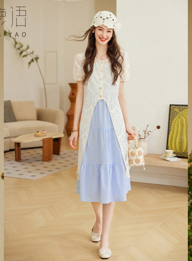 白鹿语清新镂空流苏罩衫格子吊带裙两件套25夏设计感洋气YU20705