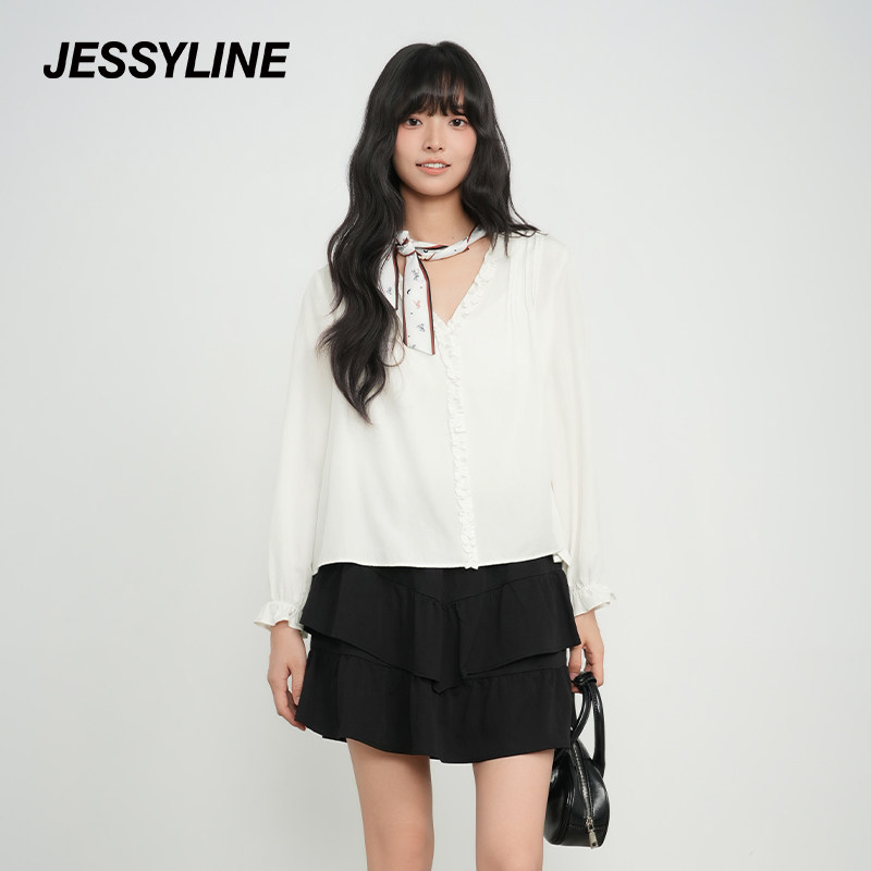 jessyline杰茜莱2025秋白色花边V领长袖衬衫女法式小个子上衣