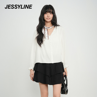 jessyline杰茜莱2025秋白色花边V领长袖衬衫女法式小个子上衣