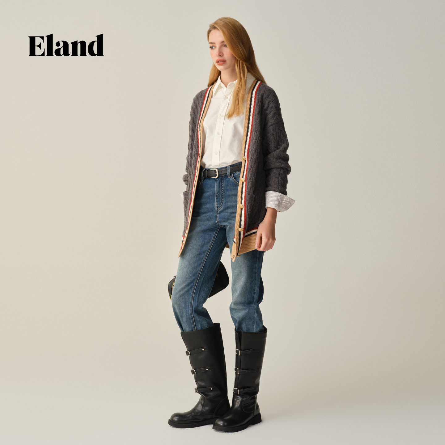 Eland针织衫女宽松撞色V领肌理感开衫2025冬季