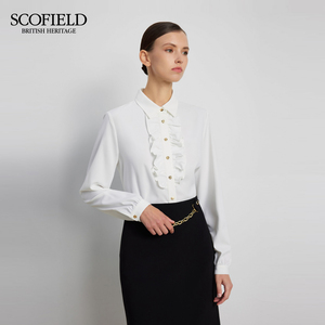 Scofield女木耳边翻领衬衫金属纽扣点缀气质长袖上衣2025秋