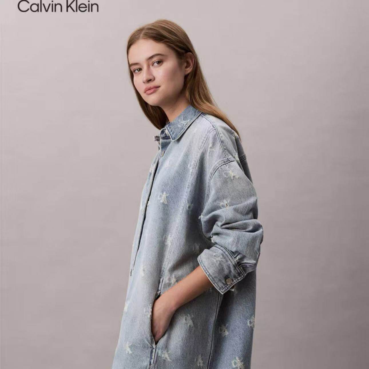 CK Jeans25秋季新女士美式复古纯棉满印字母提花牛仔连衣裙