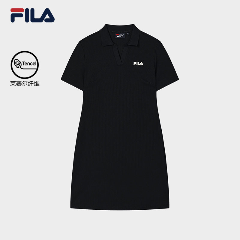 FILA 斐乐官方女子针织连衣裙2025秋修身V领短袖裙子F51W538301F