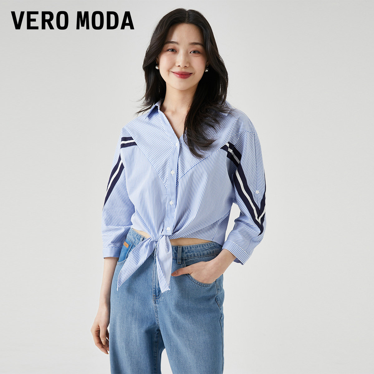 Vero Moda衬衫2026夏季新款宽松七分袖翻领海军风上衣326231011