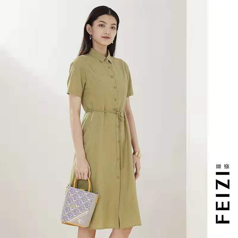 FEIZI夏季衬衫式短袖连衣裙1B428