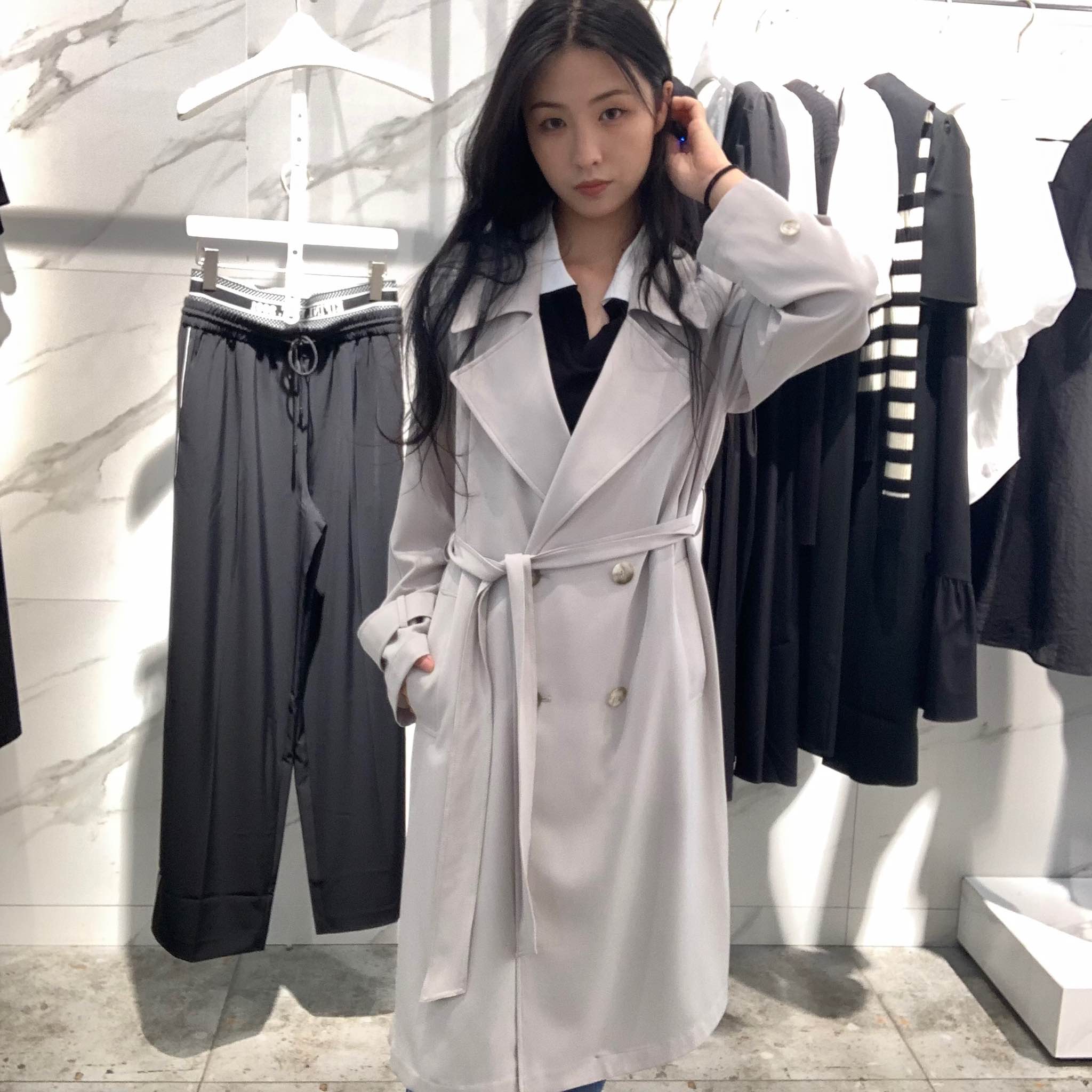 伊芙丽 女士翻领双排扣垂顺风衣外套1E8260651