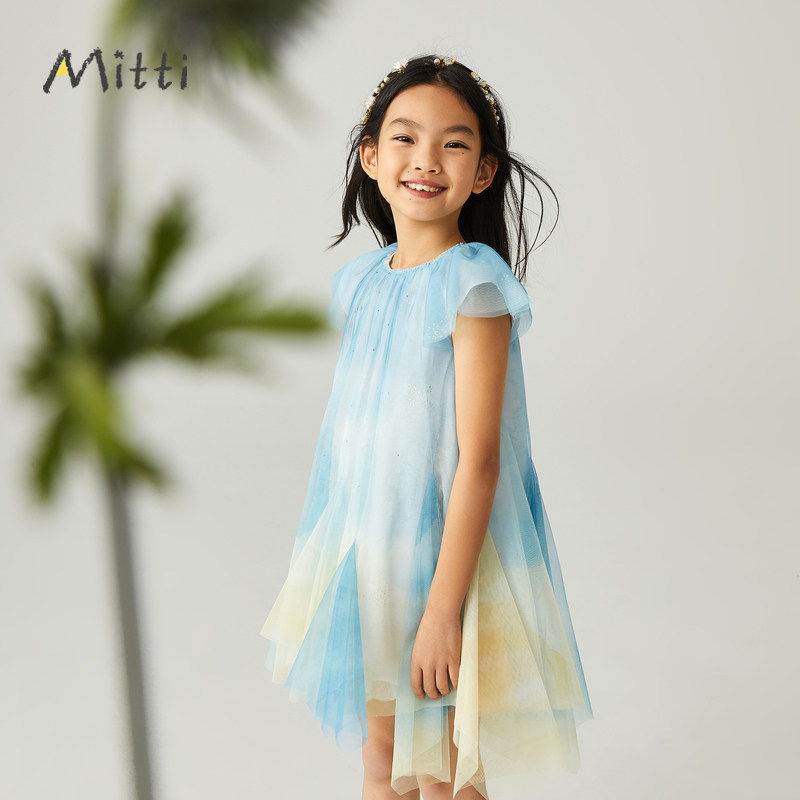 MITTI童装2023年儿童女童春夏不规则下摆短袖网纱连衣裙ML3101801