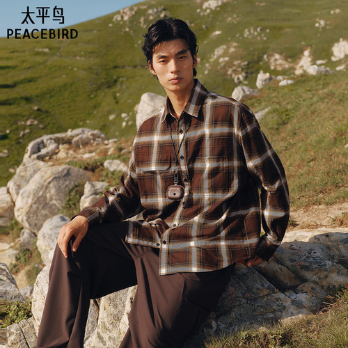 【商场同款】太平鸟男装美式潮流格纹纯棉长袖衬衫男B2CHF3224M